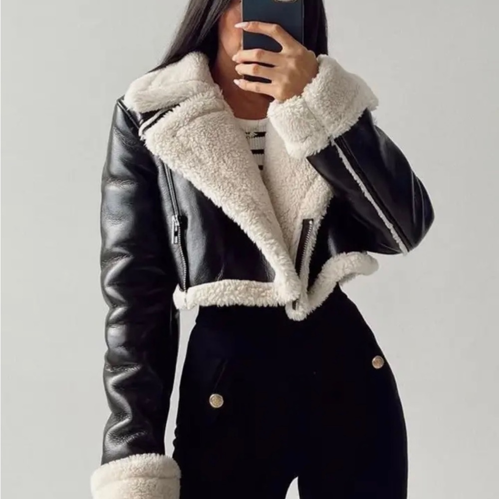 Faux Leather Shearling Short Jacket